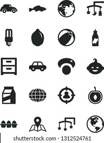 Solid Black Vector Icon Set - toys over the cradle vector, cot, baby bath ball, motor vehicle, funny hairdo, map, nightstand, package, bundle of eggs, small fish, liquor, half cherry, lime, mashroom