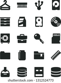 Solid Black Vector Icon Set - folder vector, bookmark, storage unit, key, CD, big data, suitcase, put in a box, strongbox, package, hanger, jar, radiator fan, memory, hdd, usb, sd card