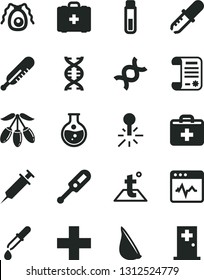 Solid Black Vector Icon Set - first aid kit vector, plus, electronic thermometer e, mercury, medical bag, temperature, cardiogram, garlic, goji berry, round flask, research article, test tube, dna