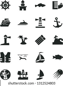 Solid Black Vector Icon Set - anchor vector, small fish, commercial seaport, lighthouse, coastal, planet, sand castle, sail boat, hotel, beach, palm tree, surfing, handwheel, life vest, jet ski