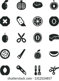 Solid Black Vector Icon Set - scissors vector, mark of injury, iron fork spoons, arm saw, knife, stationery, cheese, pizza, piece meat, half pomegranate, plum, peach, melon, cherry, passion fruit