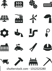 Solid Black Vector Icon Set - cogwheel vector, building trolley, hand saw, construction helmet, plummet, hammer, solar panel, wind energy, water pipes, manufacture, hydroelectricity, industrial