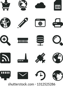 Solid Black Vector Icon Set - sign of the planet vector, graphite pencil, zoom, rss feed, envelope, magnifier, big data server, put in cart, SIM card, radiator fan, router, printer, browser, history