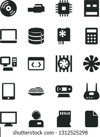 Solid Black Vector Icon Set - monitor vector, CD, big data, operator, onion, calculator, computer, tablet pc, notebook, fan, radiator, power supply, cpu, web camera, usb, router, coding, sd card