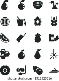 Solid Black Vector Icon Set - children's sand set vector, blueberries, mint, honeycombs, pear, plum, blueberry, water melon, slice of, delicious, kiwi, guava, ripe pineapple, outdoor thermometer