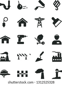 Solid Black Vector Icon Set - house vector, workman, hook, building trowel, concrete mixer, cordless drill, new roller, sewerage, ceramic tiles, helmet, plummet, putty knife, road fence, core, home