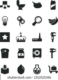 Solid Black Vector Icon Set - toilet vector, hawser, strongbox, unpacking, Easter cake, torte, chicken, soda can, jar of jam, bananas, lime, bulb, calipers, caliper, magnifier, hierarchical scheme