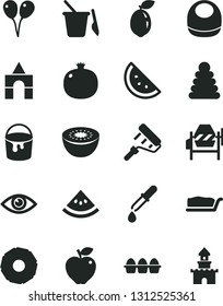 Solid Black Vector Icon Set - baby bib vector, stacking rings, children's sand set, box of bricks, colored air balloons, concrete mixer, paint bucket, roller, eye, bundle eggs, cake slice, orange