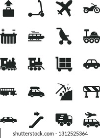 Solid Black Vector Icon Set - cargo trolley vector, summer stroller, motor vehicle, baby toy train, child Kick scooter, traffic signal, coal mining, battery, Express delivery, lunar rover, limousine