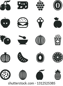 Solid Black Vector Icon Set - deep plate with a spoon vector, piece of cheese, pizza, big burger, cup popcorn, cone, blueberries, peach, half pomegranate, large grape, tasty apple, cornels, melon