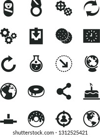 Solid Black Vector Icon Set - sign of the planet vector, renewal, clockwise, download archive data, roly poly doll, gears, cake, right bottom arrow, with a hole, glazed, biscuit, round flask, globe