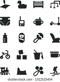 Solid Black Vector Icon Set - baby cot vector, toys over the, mug for feeding, bottle, nappy, beanbag, rattle, car child seat, rubber duck, roly poly doll, toy phone, children's sand set, potty