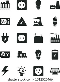 Solid Black Vector Icon Set - lightning vector, bulb, power socket type f, charging battery, factory, accumulator, hydroelectric station, hydroelectricity, plug, industrial building, thermal plant