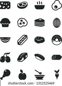 Solid Black Vector Icon Set - plates and spoons vector, sausage, piece of cheese, Hot Dog, cake, glazed with a hole, porridge, chicken leg, bacon, meat, sushi, japanese, fried egg, omelette, apple