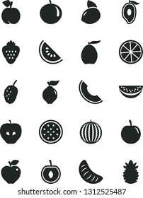 Solid Black Vector Icon Set - strawberry vector, peach, quince, red apple, tasty, mulberry, water melon, slice of, half mango, loquat, tangerine, plum, cherry, yellow lemon, passion fruit