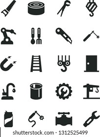 Solid Black Vector Icon Set - iron fork spoons vector, crane, hook, winch, adjustable wrench, hand saw, stepladder, ntrance door, gear, stationery knife, kitchen faucet, canned goods, soda can, gas