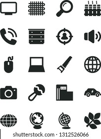 Solid Black Vector Icon Set - camera vector, chest of drawers, beanbag, hand saw, radiator, earth, volume, modern gas station, weaving, electric transport, man in sight, globe, phone call, mouse