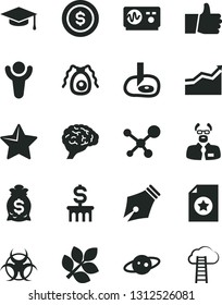 Solid Black Vector Icon Set - star vector, thumb up, molecule, brain, bactery, biohazard, oscilloscope, scientist, graduate hat, artifical insimination, saturn, biology, ink pen, winner, arrow graph