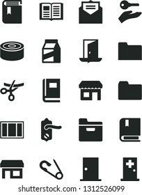 Solid Black Vector Icon Set - folder vector, book, open pin, e, window frame, door knob, ntrance, received letter, package, canned goods, kiosk, stall, arm with key, exit, grand opening