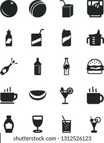 Solid Black Vector Icon Set - measuring cup for feeding vector, bottle, bath ball, e, packing of juice with a straw, coffee, burger, tea, glass soda, cocktail, can, orange, liquor, piece coconut