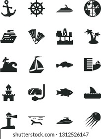 Solid Black Vector Icon Set - anchor vector, small fish, commercial seaport, coastal lighthouse, planet, sand castle, sail boat, hotel, beach, palm tree, flippers, diving mask, surfing, handwheel