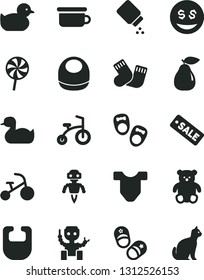 Solid Black Vector Icon Set - baby powder vector, bib, Child T shirt, rubber duck, duckling, warm socks, children's potty, small teddy bear, bicycle, tricycle, shoes for little children, lollipop