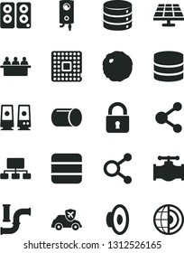 Solid Black Vector Icon Set - loudspeaker vector, boiler, lock, big data, cabbage, solar panel, valve, water pipes, autopilot, processor, pipe, court hearing, connection, connections, scheme