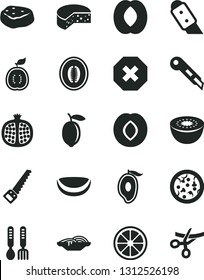 Solid Black Vector Icon Set - mark of injury vector, iron fork spoons, arm saw, knife, stationery, cheese, pizza, slices onion, piece meat, half pomegranate, plum, mango, peach, melon, lemon, juicy