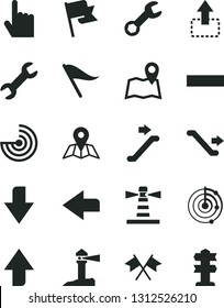 Solid Black Vector Icon Set - upward direction vector, downward, left, wind indicator, minus, index finger, map, flag, move up, lighthouse, coastal, repair, radar, cross flags, escalator, signpost