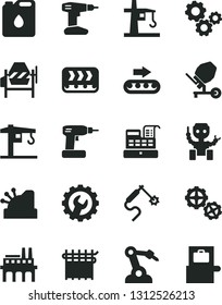 Solid Black Vector Icon Set - crane vector, gears, concrete mixer, cordless drill, gear, industrial enterprise, conveyor, production, canister of oil, cloth industry, tower, gas welding, cashbox
