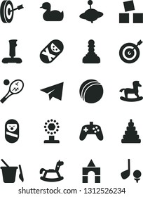 Solid Black Vector Icon Set - paper airplane vector, rubber duck, bath ball, stacking toy, roly poly doll, tumbler, children's sand set, yule, rocking horse, small, cubes for children, box of bricks