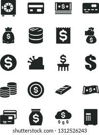 Solid Black Vector Icon Set - dollar vector, strongbox, cards, coins, reverse side of a bank card, front the, column, financial item, money, dollars, cash, cashbox, gold bar, bag hand, rain, coin