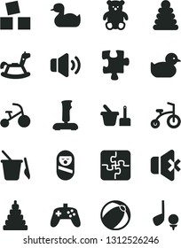 Solid Black Vector Icon Set - rubber duck vector, baby duckling, bath ball, stacking rings, toy, roly poly doll, sand set, children's, small teddy bear, rocking horse, cubes for children, tricycle