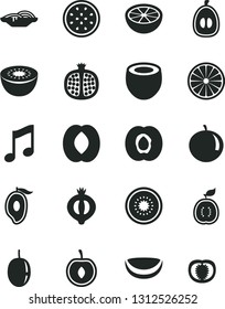 Solid Black Vector Icon Set - music vector, slices of onion, half apricot, pomegranate, medlar, mango, peach, tangerine, loquat, cherry, passion fruit, kiwi, orange, guawa, piece coconut, grapefruit