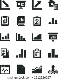 Solid Black Vector Icon Set - clean sheet of paper vector, bar chart, growth, negative, positive histogram, estimate, cardiogram, survey, statistical report, overview, book on statistics, research