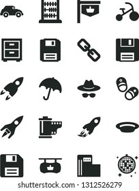 Solid Black Vector Icon Set - floppy disk vector, spectacles, hat with glasses, camera roll, bedside table, tricycle, child shoes, abacus, umbrella, plate, modern gas station, retro car, disco ball