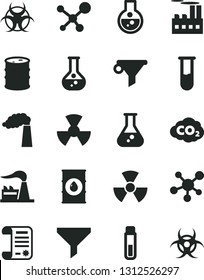 Solid Black Vector Icon Set - flask vector, manufacture, factory, oil, barrel, industrial building, radiation, carbon dyoxide, filter, water, research article, test tube, molecule, nuclear