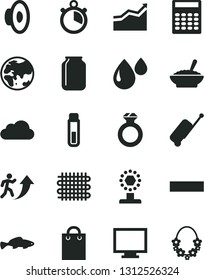 Solid Black Vector Icon Set - monitor vector, minus, loudspeaker, a bowl of buckwheat porridge, small fish, planet, weaving, drop, jar, bag, cloud, test tube, calculator, stopwatch, cup, graph