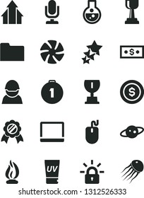 Solid Black Vector Icon Set - desktop microphone vector, racer, notebook pc, fan, mouse, folder, encrypting, flask, flame, saturn, award, gold cup, growth arrows, first place medal, dollar coin