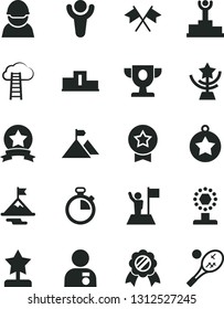 Solid Black Vector Icon Set - stopwatch vector, racer, winner, pedestal, podium, prize, cup, star, reward, man with medal, flag, motivation, mountain, ribbon, cross flags, cloud ladder, tennis