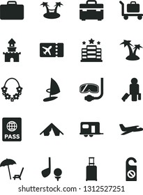 Solid Black Vector Icon Set - suitcase vector, passport, sand castle, plane, camper, passenger, rolling, ticket, tent, arnchair under umbrella, palm tree, hawaii wreath, diving mask, baggage, hotel