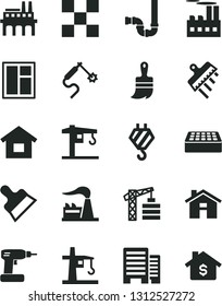 Solid Black Vector Icon Set - house vector, crane, tower, dwelling, hook, window, cordless drill, wooden paint brush, siphon, buildings, tile, brick, putty knife, spatula, factory, enterprise