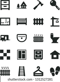 Solid Black Vector Icon Set - bedside table vector, baby cot, dwelling, window, stepladder, sink, comfortable toilet, lay out of flat, tile, new radiator, hammer with claw, key, nightstand, hanger