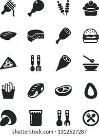 Solid Black Vector Icon Set - plates and spoons vector, plastic fork, iron, stick of sausage, cheese, fried vegetables on sticks, piece pizza, burger, spaghetti, porcini, muffin, chicken leg, thigh