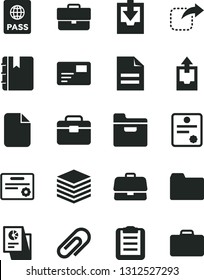 Solid Black Vector Icon Set - clip vector, briefcase, scribbled paper, folder, upload archive data, download, portfolio, notebook, passport, pile, pass card, move right, statistical research, file