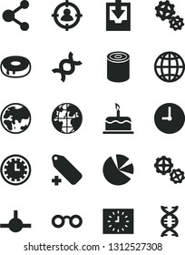 Solid Black Vector Icon Set - clock face vector, add label, download archive data, gears, wall, earth, cake, tin, with a hole, planet, connection, man in sight, pie charts, black, connect, glasses