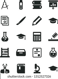Solid Black Vector Icon Set - tassel vector, calculator, book, books, abacus, drawing, drawer, square academic hat, round flask, scribed compasses, pencil, scientific publication, presentation