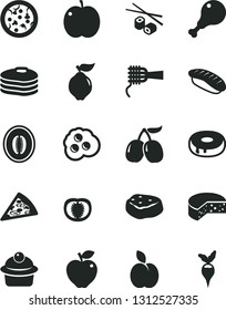 Solid Black Vector Icon Set - cheese vector, pizza, piece of, noodles, muffin, cake with a hole, chicken leg, meat, Chinese chopsticks, japanese sushi, omelette, apple, pancakes, quince, red, tomato