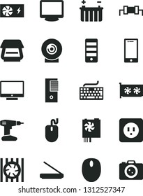 Solid Black Vector Icon Set - keyboard vector, drill, power socket type b, screen, smartphone, lens, battery, radiator fan, mouse, pc supply, tower, gpu card, monitor, scanner, resistor, camera