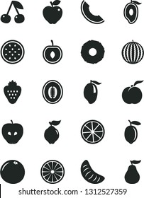 Solid Black Vector Icon Set - strawberry vector, cherry, ripe peach, quince, red apple, tasty, water melon, slice of, mango, half, tangerine, lemon, passion fruit, orange, pineapple, grapefruit